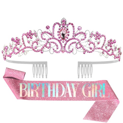 Pedenty Birthday Crown Tiara Sash Set for Girls Women - Metal Crown with Pink Rhinestones & Pink Glitter Birthday Girl Sash Birthday Gifts for Women Kids, Sweet Happy Birthday Accessories