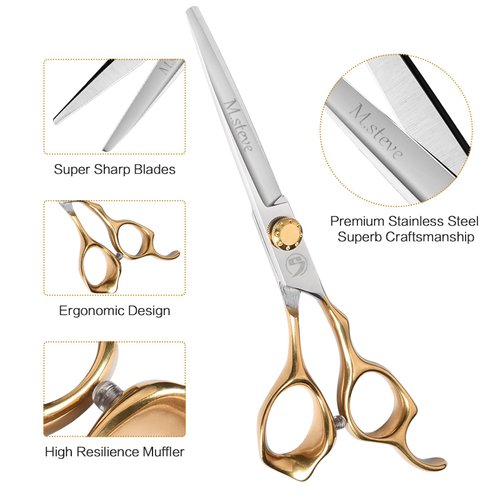 Hair Cutting Scissors Kit, Hair Scissors Professional Stainless Steel Haircut Scissors with Hair Shears, Thinning Shears, Haircut Accessories in Leather Case for Barber/Home 12PCS Gold Silver