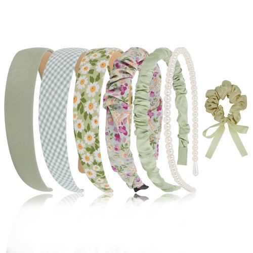 7 Pcs Fashion Headbands for Women with Satin Scrunchies Green Headbands for Girls Pearl Headbands for Women Trendy Padded Headband Thin Headbands for Women Croquette Aesthetic Cute Accessories