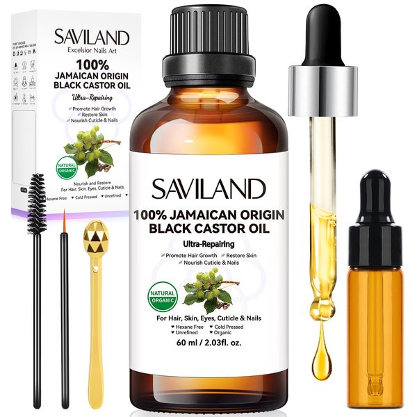 SAVILAND Jamaican Black Castor Oil Organic Cold Pressed Unrefined: 100% Pure and Natural Castor Oil for Hair Growth Eyebrows Face Skin Care Cuticle Nourish Massager Tools Home Care 60ML