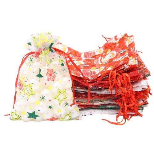 Stratalife 22PCS Christmas Organza Gift Bags 5X7 with Drawstring Mixed Pattern Snowflake Jewelry Drawstring Bags Candy Party Favor Pouches Bags