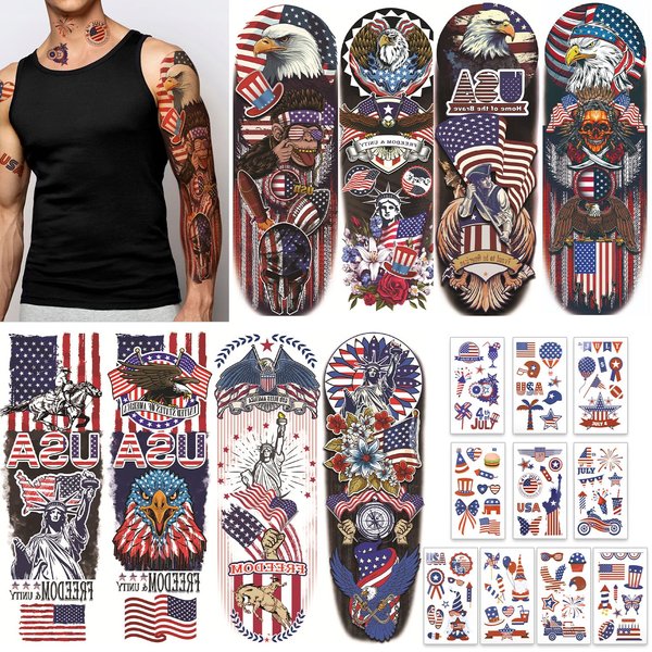 HOWAF 88pcs 4th of July Temporary Tattoos Set, Independence Day Full Arm Face Tattoos USA Flag Face Tattoos Sleeve Tattoo Stickers for Men Women Fourth of July Party Parade Supplies Patriotic Decor
