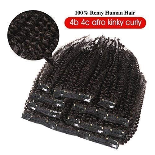 Kabadu 8pcs 120g/set Afro Kinky Curly Clip In Human Hair For Black Women Hair Extension 4B 4C Brazilian Virgin Human Hair Clip Ins for African American Natural Black Color(14inch)