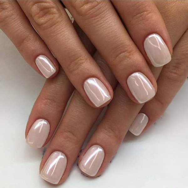 GLAMERMAID Press on Nails Extra Short Squoval, Spring Summer Handmade White Pearl Mermaid Chrome Gel Glue on Nails, 24Pcs Glazed Donut Glossy Round Fake Nails Acrylic False Nails Kits for Women Gift