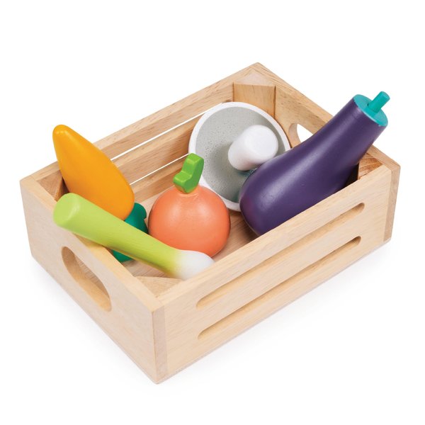 Mentari Toys - Allotment Crate - 6pc Wooden Crate with Vegetable Food Items - Market Pretend Play Toy Food - Play Kitchen Accessories - Imaginative Play Set for Toddlers and Kids - Age 3+