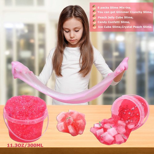Premade Crystal Slime Peach Pink Jelly Cube Glimmer Crunchy Slime, Includes 6 Sets of Slime Add-ins, Party Favors for Kids, Sensory and Tactile Stimulation, Stress Relief, for Girls & Boys