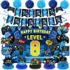 Video Game 8th Birthday Party Decorations Blue Black Happy Birthday Level 8 Banner Backdrop Honeycomb Centerpieces Hanging Swirls Tissue Paper Pompoms Kit for Boy 8 Years Old Game Controller Supplies