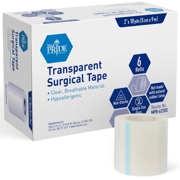 MED PRIDE 2" x 10 Yds Transparent Medical Tape, 6 Pack - First Aid Adhesive Clear Surgical Bandage Tape for Wound Dressing Care, Breathable and Hypoallergenic – Latex & Rubber Free
