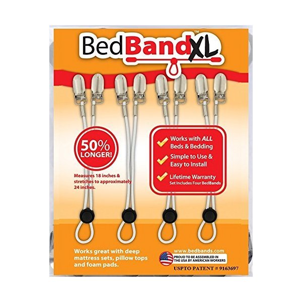 Bed Bandxl. Not Made in China. USA Worker Assembled. 50% Longer. Smooth Sheets on Any Bed. Bed Sheet Band, Holder, Gripper, Suspender, Strap. Sleep Better.