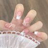 Press on Nails Square Medium French Tips 24Pcs Glossy Full Cover Artificial Pearl Fake Nails with Line Designs Reusable Coffin Acrylic False Nails Glue Stick on Fingernails with Charm for Women