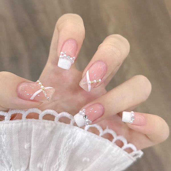 Press on Nails Square Medium French Tips 24Pcs Glossy Full Cover Artificial Pearl Fake Nails with Line Designs Reusable Coffin Acrylic False Nails Glue Stick on Fingernails with Charm for Women