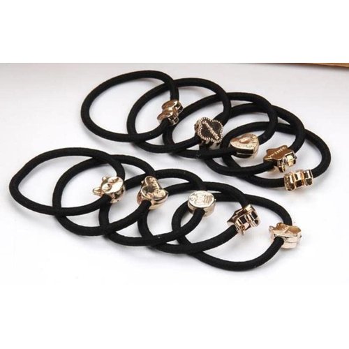 Prebear 21pcs Black Hair Ties Korean Fashion Gold Medal for Women and Girls, Elastic bands, Ponytail Holder, Rubber bands