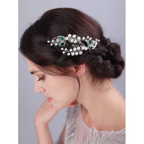 Teyglen 2pcs Pearl Bride Wedding Hair Pins Silver Leaf Crystal Hair Pins Clips Bridal Green Teardrop Rhinestone Hair Piece Wedding Hair Accessories for Women Girls
