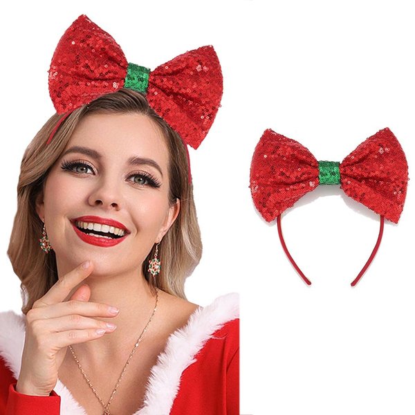 Catery Christmas Bow Headband Sequin Bow Hair Hoop Holiday Cute Headbands Big Bows Hair Band Christmas Party Gifts Hair Accessory for Women and Kids (B Red)