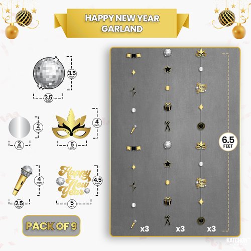 KatchOn, Happy New Year Garland - Pack of 9, Happy New Year Hanging Decorations | Black Gold Party Decorations, New Years Decorations 2025 | Happy New Year Backdrop, New Years Eve Party Supplies