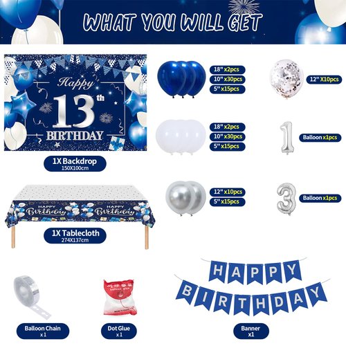 13th Birthday Decorations Boys Girls, 149PCS Happy Birthday Party Supplies Including Backdrop, Balloon Arch/Garland Kit, Tabblecloth, Banner