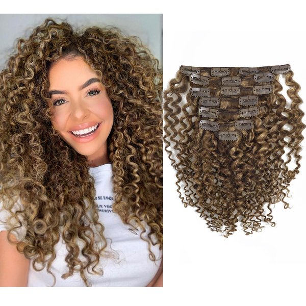 Lacerhair 3B 3C Curly Clip in Hair Extensions Highlight Strawberry Blonde Double Weft Soft Real Remy Hair Clip ins 18Inch Jerry Curly Human Hair Extensions for Black Women #P4/27