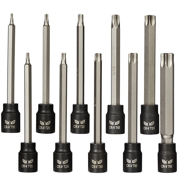 Extra Long Torx Bit Socket Set (10 Pack) - Long 3.5" Torx Bit in 3/8" Drive T10 - T60