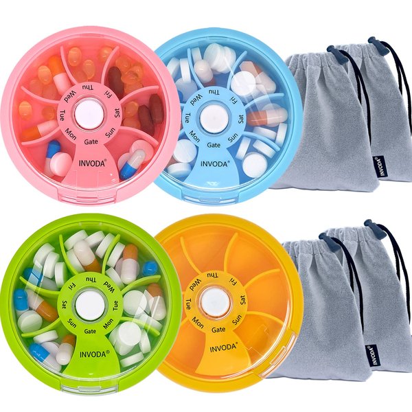 Pill Organizer Small Pill Case 7 Day Portable Travel Pill Box Cute Daily Pill Container for Medicine Fish Oil Supplements Vitamin Case (4PCS+Bag 4PCS)