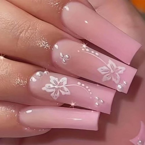 Foccna Artificail Extra Long Press on Nails, Gradient Pink Fake Nails Square Acrylic Pink Full Cover False Nails with Design Nail Tips for Women&Girls, 24PCS