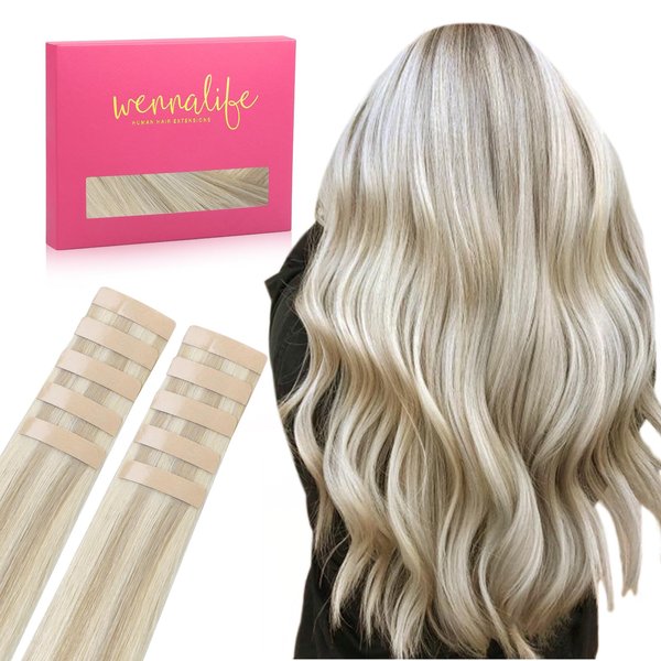 WENNALIFE Tape in Hair Extensions Human Hair Ash Blonde Highlighted Platinum Blonde Tape in Extensions, 10pcs 25g 14 inch Remy Invisible Tape Ins Straight Soft Real Human Hair Tape in Extensions