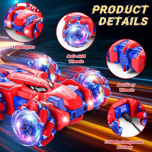 Punieayi Spider Remote Control Car, 2.4Ghz RC Cars with Headlight Double Sided Off-Road 360° Rotating RC Drift Car Toys, Rechargeable 4WD RC Stunt Car Indoor Outdoor Spider Toys for Boys 4-6 5-7 8-13