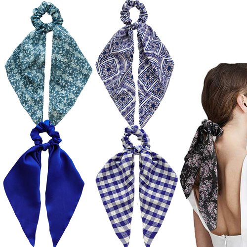 Blue Hair Scarf Scruncheis for Women Girls, Bowknot Scrunchies for Hair, Chiffon Floral Scrunchie Long Hair Bands Ties Ponytail Holder (4PCS Floral and Plaid)