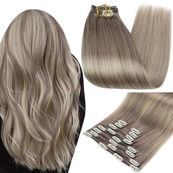 Full Shine Blonde Clip in Hair Extensions Real Hair Extensions Clip in Human Hair Double Weft Clip in Hair Extensions 7 Pcs Hair Balayage Ash Grey Blonde Fading to Platinum Blonde 14 Inch