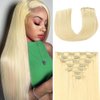 Clip in Hair Extensions Real Human Hair for Women Blonde Color Straight Silky Human Hair Extensions 100% Unprocessed Brazilian Remy Human Hair Full Head 7 Pcs with 16 Clips (18 Inch,#613)