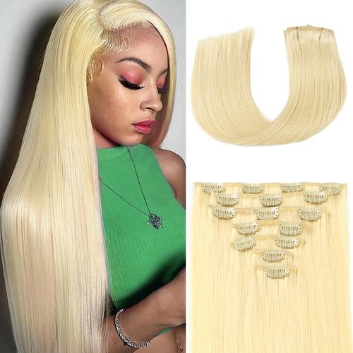 Clip in Hair Extensions Real Human Hair for Women Blonde Color Straight Silky Human Hair Extensions 100% Unprocessed Brazilian Remy Human Hair Full Head 7 Pcs with 16 Clips (18 Inch,#613)
