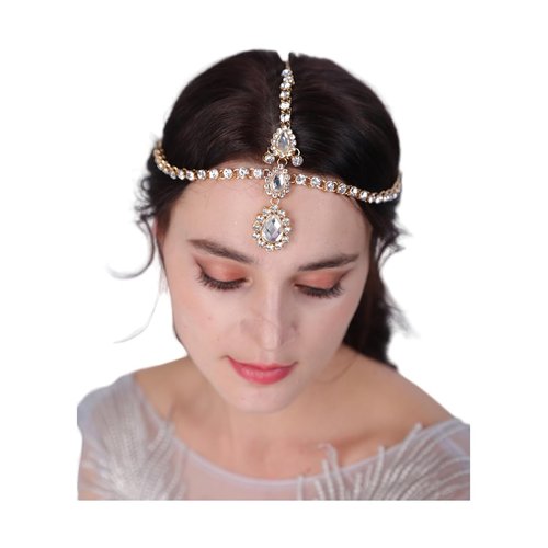 Aimimier Bohemian Crystal Head Chain Rhinestone Teardrop Forehead Chain Belly Dancer Jewelry Wedding Headpiece Prom Party Festival Hair Accessories for Women (Gold)