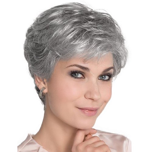 GNIMEGIL Silver Grey Wigs for Women with Bangs Layered Natural Hairstyles Short Pixie Cut Old Lady Wig Halloween Costume Wigs for Older Senior Women