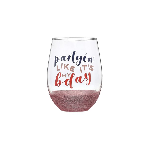 Pearhead Partyin’ Like It’s My Birthday Wine Glass, Birthday Party Favor, Birthday Party Accessory, Glitter Wine Glass, Birthday Celebration Supplies, Great Gift Ideas for Her, 15 oz.