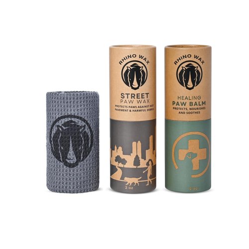 Rhino Wax - Dog Paw Street Wax and Healing Balm (2 Tubes + Cloth) - Protects Dogs Against Hot Pavement and Concrete - Pad Healer Moisturizes, Heals and Improves Elasticity - Natural - Lick-Safe - USA