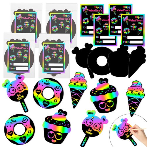 Haooryx 24Set Valentines Day Desserts Scratch Paper with Valentine Cards for Kids Magic Scratch Rainbow Bookmarks DIY Donut Cake Scratch Paper Art Classroom Exchange Gift Valentine School Party Favors