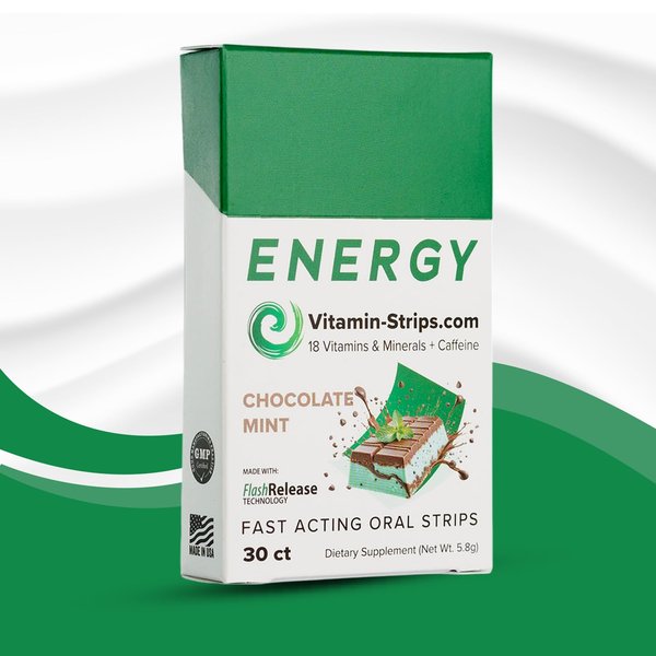 Energy Strips — Vegan, Gluten Free, Soy Free & Sugar-Free Breath Strips w/Caffeine, 18 Vitamins & Minerals — Instant Energy Boost Chocolate Mint Dietary Supplement — 30 Oral Strips