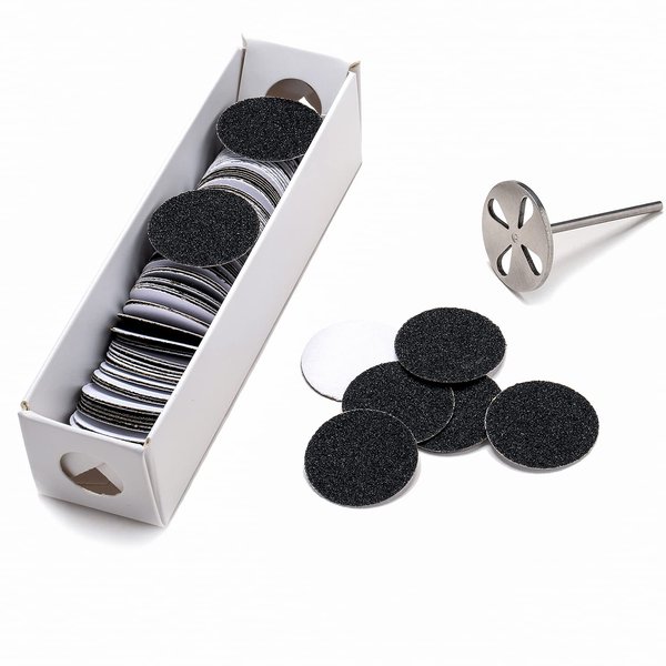 100pcs Sandpaper Disc and 1pcs Metal Bit, 3/32 Shank Replaceable Pedicure Sanding Disc Bit for Dead Skin Callus Removal Electric Foot File Tools (150#(Medium))