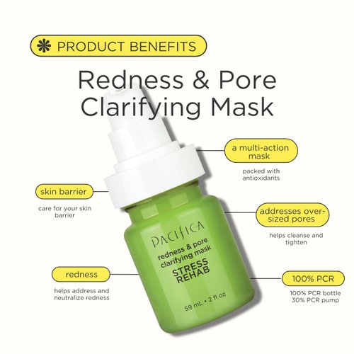 Pacifica Beauty Stress Rehab Redness and Pore Clarifying Mask, Skincare, Niacinamide, Zinc, Caffeine, Matcha, Pore Minimizer, Reduce Redness, For Oily and Combination Skin, Vegan, 2 fl oz (1 Count)