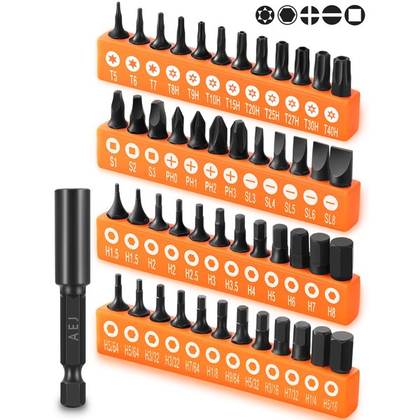 AEJ 49-Pack Screwdriver Bit Set, Hex Head Drill Bit Set, Torx Square Slotted Phillips Bit Set with 1/4" Bit Holder, 1/4 Hex Shank, S2 Steel, 1"Long