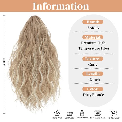 SARLA Short Ponytail Extension Claw Clip in 13 Inch Fluffy Synthetic Curly Wavy Pony Tail Hairpiece for Women Dirty Blonde