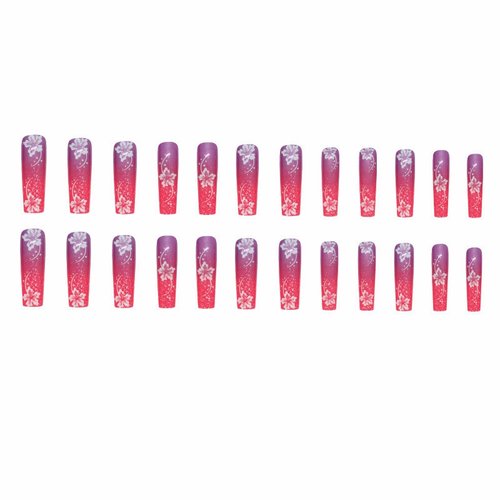 MISUD Extra Long Press on Nails Square Fake Nails Glossy Glue on Nails Squoval Acrylic Nails Pink Purple Ombre Artificial Nails White Flower Stick on False Nails with Bling Glitter Design 24 pcs