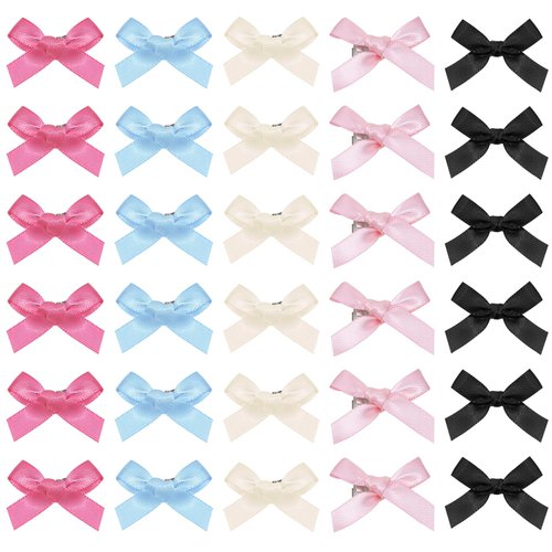 PPhtony Mini Hair Bow Clips 30Pcs Mixed Color Satin Hair Ribbon Bowknot Alligator Clips Barrettes for Women Girls Teens Braids Hair Decoration (Black, Beige, Pink, Blue, Rose Red)