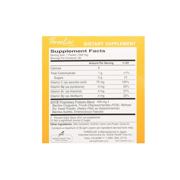 Threelac Probiotic Natural Lemon Flavor Dietary Supplement (2 Boxes) 60 Packets Supports intestinal and Digestive Health