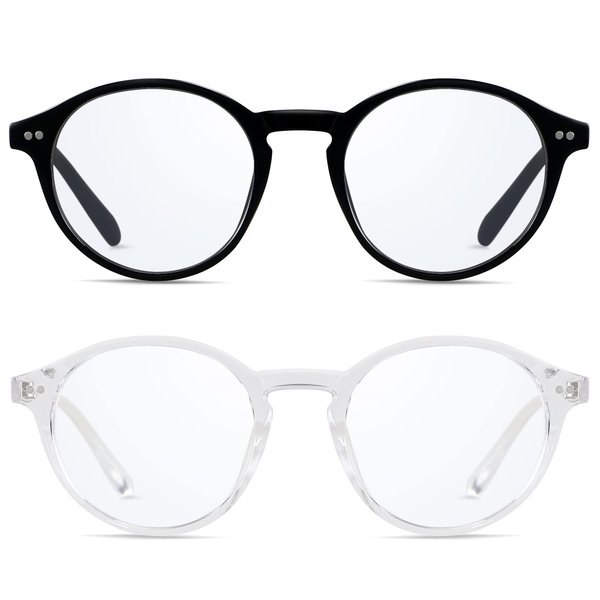 ANDWOOD Blue Light Blocking Glasses Women Men Computer Small Face Frame Bluelight Blocker Teens Round Frame 2 Pack Black Clear