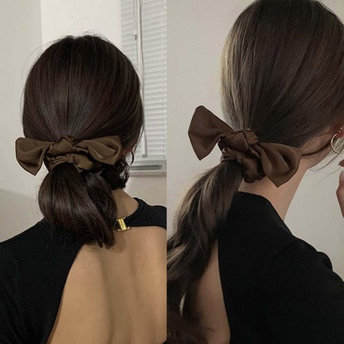 Crymystal Silky Ribbon Bow Hair Ties Khaki Bow Elastic Band Bow Hair Rope Tie Satin Bow Ponytail Holder Beaded Hair Rope Long Ponytail Scrunchies Hair Accessories for Women and Girls (Khaki)