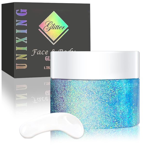 Holographi Face Body Glitter Gel, Sparkle Color Changing Face Glitter Gel, Mermaid Sequins Glitter Face Paint, Chunky Hair Glitter Gel for Concerts Party Mardi Gras Festival, 50ml (Blue Chameleon)