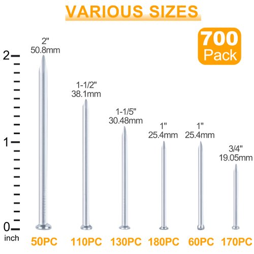 KURUI 700pcs Hardware Nails for Hanging Pictures Assorted Kit, Up to 2"-Long Picture Hanging Nails for Wall Drywall Wood, 6 Sizes Nails Assortment Kit, 640 Frame Nails and 60 Small Finishing Nails