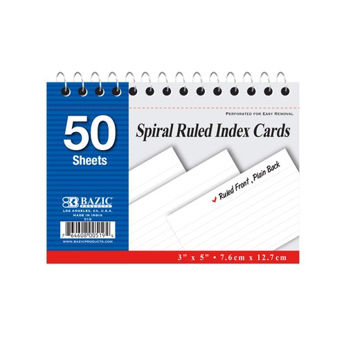 BAZIC Ruled Index Cards Book 3" X 5" 100 Count, Spiral Bound Memo, White Flashcards, Ruled Lined Card for Learning Memory Reminder (50/Pack), 6-Packs