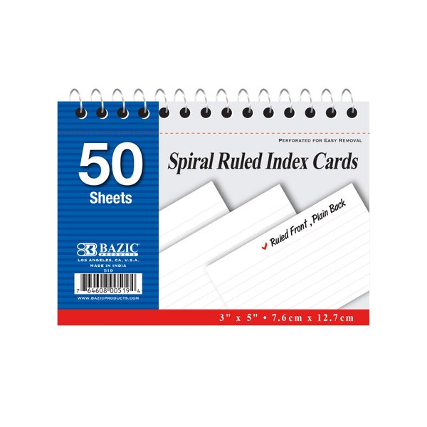 BAZIC Ruled Index Cards Book 3" X 5" 100 Count, Spiral Bound Memo, White Flashcards, Ruled Lined Card for Learning Memory Reminder (50/Pack), 6-Packs