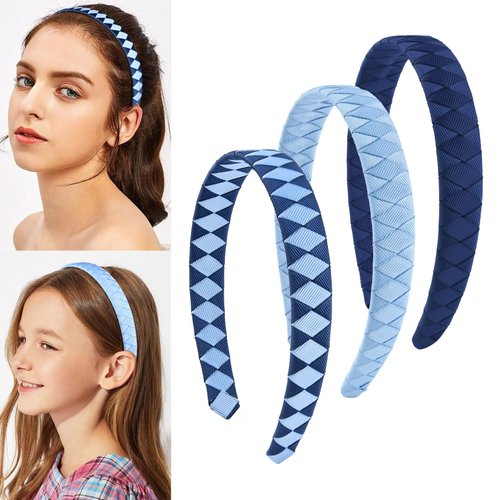 DEEKA 3 PCS Woven Headband Uniform Headband Hair Accessories Grosgrain Ribbon Weaved Hair Band for Women Girls Teens Football Softball Cheer Sports (Navy Blue&Light Blue)